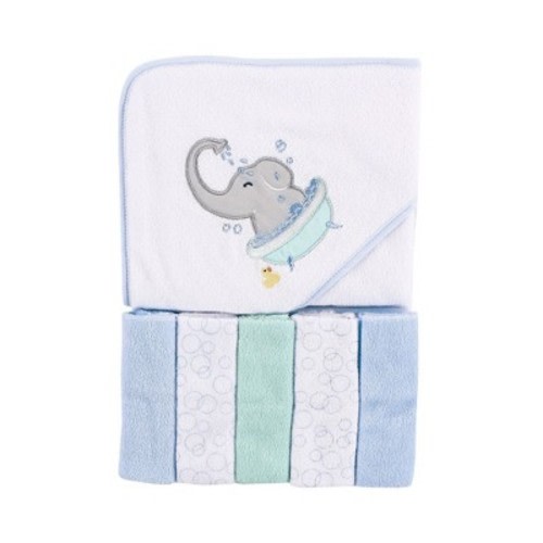 Luvable Friends Baby Boy Hooded Towel with Five Washcloths, Elephant Bath, One Size