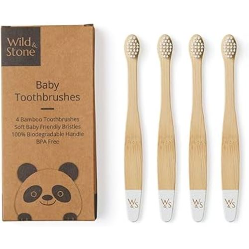 Wild & Stone Organic Baby Bamboo Toothbrushes | 4 Pack | Soft Bristles | 100% Compostable Handle | BPA Free | Vegan Baby Toothbrushes (White)