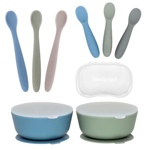 WeeSprout 2 Silicone Suction Bowls, 3 Self Feeding Baby Spoons & 3 Toddler Spoons Bundle - Soft-Tip Utensils Dinnerware - Dishwasher & Microwave Safe - Travel Case Included