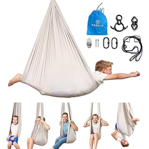 Harkla Sensory Swing for Kids & Adults - Holds 300lbs, Indoor Outdoor Sensory for Hug Like Calming Effect - Double Layered Soft Fabric and Heavy Duty Hardware (Grey, 110" Swing + 5" Swivel)