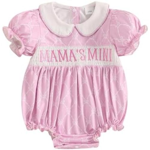 Newborn Baby Girl Romper Bow Letter Embroidery Short Sleeve Pleated Smock Bubble Jumpsuit Bodysuit Summer Clothes