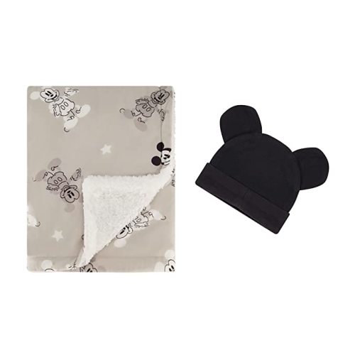 Disney Fuzzy Mink Baby Blanket, Double Sided Ultra-Soft and Plush Mink and Sherpa Newborn Throw, Measures 30x40 Inches, includes Matching Infant Cap Hat - Mickey Mouse - Crib