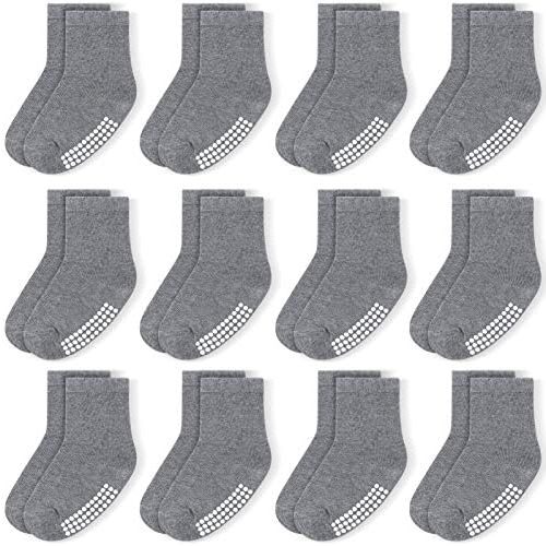 JAKIDAR 12 Pack Baby Socks Cotton Crew Toddler Socks Grips Non Slip Bottom Kids Socks