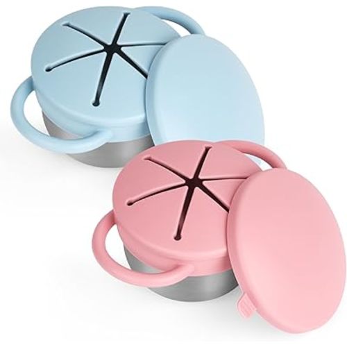 2 Pack Snack Cups for Toddlers Spill Proof - Detachable Stainless Steel Toddler Snack Cups with Silicone Lids & Handles - Dishwasher Safe Baby Snack Containers for Mess-Free Snacking (Green and Pink)