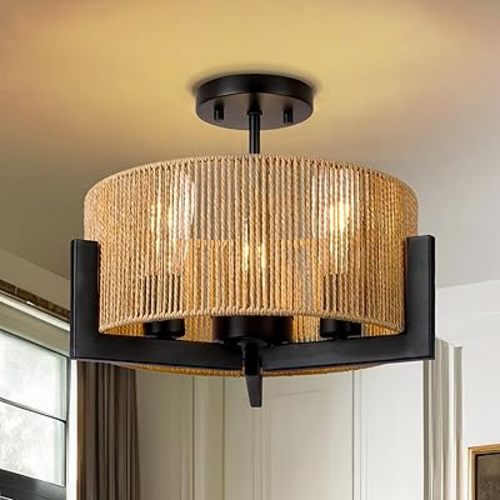 13" Boho Rattan Ceiling Light - Farmhouse Chandelier, Coastal Semi Flush Mount, Bedroom Entryway Kitchen Nursery