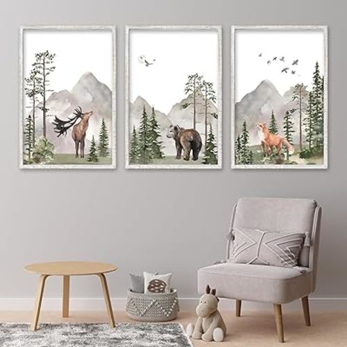 Set Of 3 Wild Woodland Nursery Animals Wall Art Decor 16x11 Inch Safari Foggy Forest Deer Bear Fox Posters Wood Framed Sign Jungle Children's Boys Girls Room Watercolor Prints Hang (White)