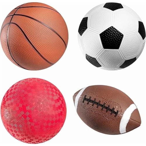 Playbolt Sports Balls for Kids & Toddlers, Pack of 4, 5-inch Set with Hand Pump, Includes Basketball, Soccer, Football, Playground Ball