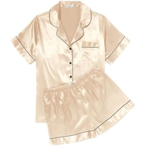 Ekouaer Womens Silk Satin Pajama Sets Soft Short Sleeve Button Down Sleepwear Top and Shorts 2 Piece Pjs Lounge Set S-XXL