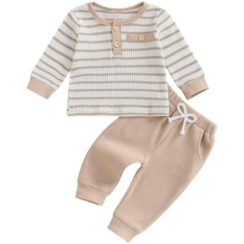 ZAXARRA Baby Boy Outfits Waffle Striped Baby Sweatshirt Tops Elastic Long Pants Set Toddler Boy Fall Clothes