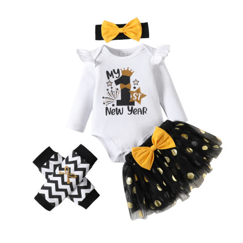 Yzengfg Infant Girls Long Sleeve New Year Letter Printed Romper Bodysuit Dot Tulle Skirts Headbands Outfits,9-12 Months