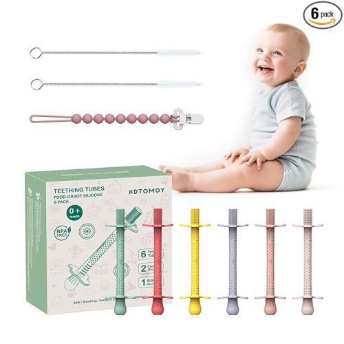Baby Teething Toys 3-6 months, 6 Pack Silicone Teething Tubes for Babies 6-12 Months, Non-Choking Stick Teethers Chew Straws for Infants & Toddlers Teething Relief (Rose Pink Lavender Mint Yellow Red)