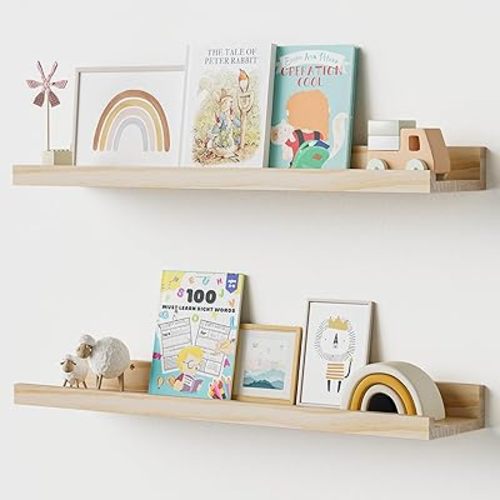 Floating Shelves for Wall, 24 inch Solid Wood Picture Ledge Shelf, Picture Shelf for Wall with Ledge, Floating Book Shelves for living room Bedroom Kitchen Nursery Decor, Natural Unfinished, Set of 2