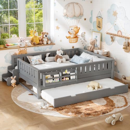 Bellemave Queen Size Montessori Bed with Trundle & Bookshelf, Kids Queen Bed Frame with Safety Rails & Stairs for Girls Boys, Grey