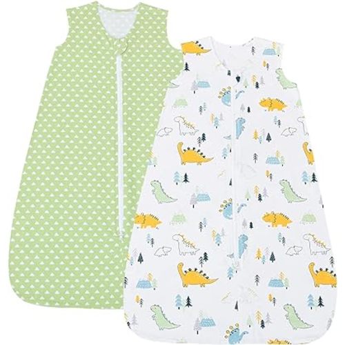 PHF 100% Cotton Baby Sleep Sack, 12-18 Months Baby Wearable Blanket, 2-Way Zipper Toddler Sleeping Sack for Baby Boys Girls, 2 Pack Comfy Large Size Sleeveless Sleeping Bags, Dinosaur & Green Geometry