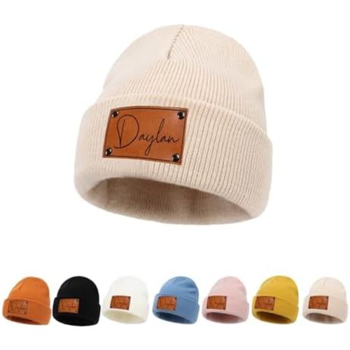 Personalized Baby Beanie with Leather Patch, Custom Name Beanie Hat for Toddler Boys Girls, Winter Warm Knit Hat