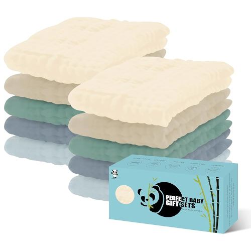 HIPHOP PANDA 10 Pack 6-Layers Muslin Burp Cloths Large - Durable 100% Cotton - Extra Absorbent and Soft Boys & Girls Rags for Newborn Registry (Ivory+Brown+Green+Grey+Slate, 20" X10")