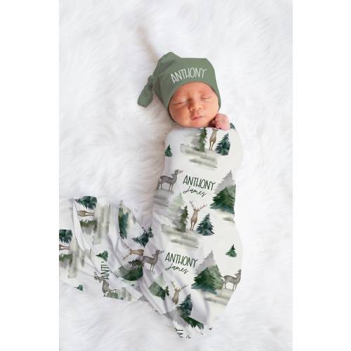 Baby Boy Swaddle Blanket Hat Set -Custom Baby Shower Gift Hospital Name Announcement -Personalized Baby Boy Blanket with deer -Woodland A535