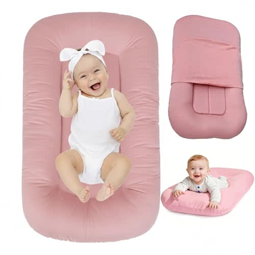 Baby Lounger 0-24 Months,Bionic Design Infant Lounger for Home and Travel with Cover,Breathable Baby Nest Waffle Fabric & 3D Support Newborn Babies Essentials Gifts,Peach Pink