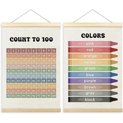 TLESKE 1-100 Numbers Hundreds Colors Chart Poster Hanger Frame for Toddler Kid Classroom Set of 2, Homeschool Hanging Wall Art Decor for Nursery Playroom, Preschool Learning Educational Poster, 16x24