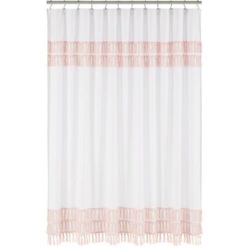 Sweet Jojo Designs Fabric Shower Curtain 72in.x72in. Boho Fringe White and Pink