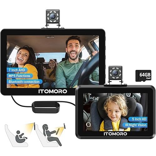 Itomoro Baby Car Camera, 5"+7" 1080P Dual Screen Car Baby Camera with Two-Way Video, Music & Video Play Supported, Night Vision & 150° Wide View Baby Camera for Car Backseat with 64GB Storage-ACZ419