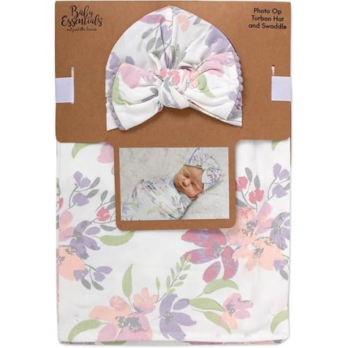 Baby Cotton Swaddle Blanket Wrap with Headband or Hat Set for Baby Girls, Boys Newborns and Infants 0-6 Months (Colorful Blooms)