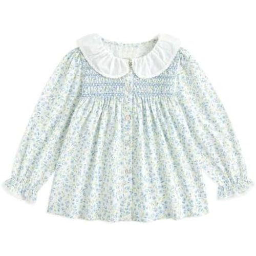 Curipeer Baby Girl Floral Blouse Peter Pan Collar Long Sleeve Smocked Tops for Toddler Girls
