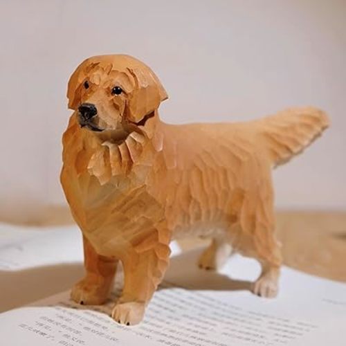 Golden Retriever Figurine Handmade Carved Wooden Dog Statue, Cute Golden Retriever Gifts for Women Men, Height 4.33" Wood Dog Decor for Home Book Shelf Desktop Decoration