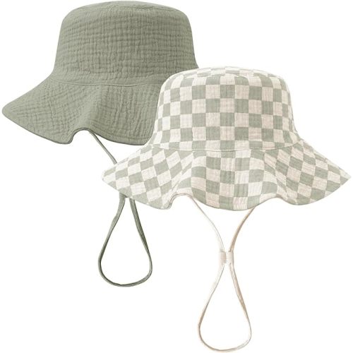 Konssy 2 Pack Muslin Baby Sun Hat UPF 50+ Sun Protection Baby Bucket Hat Summer Beach Hats with Wide Brim for Boys & Girls