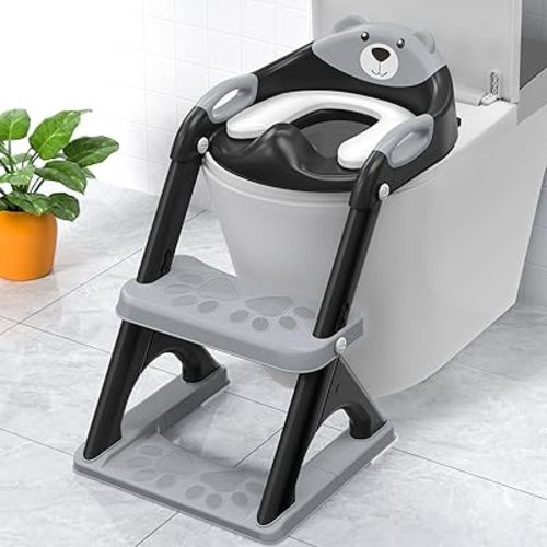Potty Training Seat ，SKYROKU Potty Training Toilet with Step Stool Ladder, for Kids Boys Girls Toddlers - Comfortable Safe Potty Seat with Anti-Slip Pads Ladder (8898 Black)