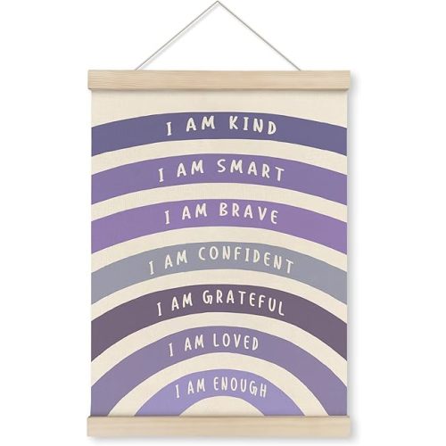 HRQKO Purple I Am Kind Smart Poster Hanger Frame, Boho Rainbow Classroom Wall Art with Wooden Frames, Positive Affirmation Hanging Wall Decor for Nursery Girls Room, Mental Health Decor,12x16 inch