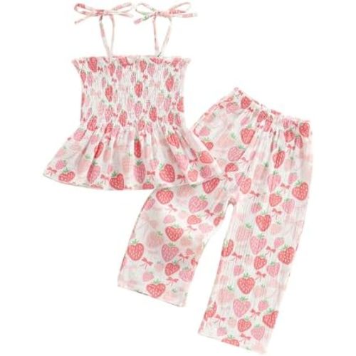 VISGOGO Toddler Baby Girl Outfits Sleeveless Smocked Strap Camisole Linen Pants Bow Baby Summer Clothes