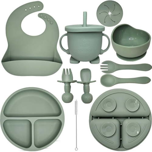 HippoBaby Baby Led Weaning Supplies | 10 Piece Silicone Feeding Set | Baby Toddler Bib Cup Divided Plate and Bowl Self Feeding Spoons Dish Set | Toddler Feeding Supplies (Sage)