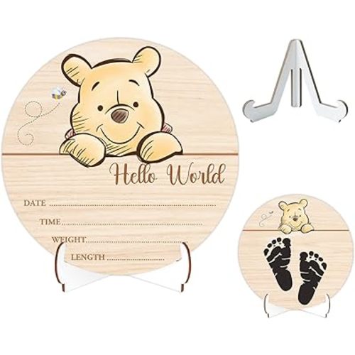 Winnie Baby Wooden Newborn Birth Sign, The Pooh Baby Announcement Sign, Babies Name Plaques Photography Prop, Winnie Hello World Newborn Signs, Pooh Double Sided Hello World for New Mom Babies