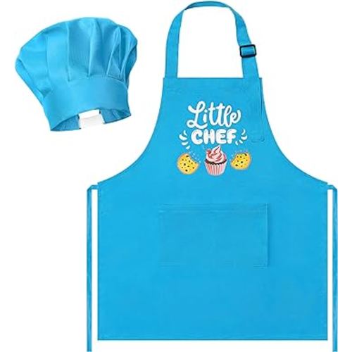 R HORSE 2 Pcs Kid Apron And Chef Hat Set, Adjustable Children Blue Kitchen Apron Cooking Baking Painting And Training Kits Dress up Role Play Chef Toy Kid Funny Cooking Gift New Year Christmas Gift