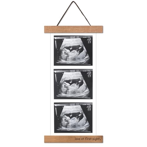 Zyeco Magnetic Ultrasound Photo Frame, Wooden Baby Keepsake Display with Love at First Sight, Hanging or Fridge Mount - No Crop Needed for Long Sonograms, new mom gifts