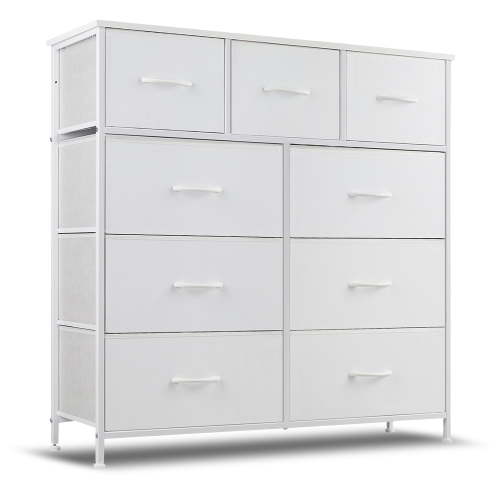 Simenmax 9 Drawers Dresser for Bedroom, Tall Fabric Closet Chests Organizer Tower Furniture with Wooden Top Metal Frame for Clothes, Room, Living Room, Hallway, Entryway,White