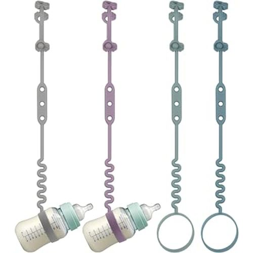 Baby Bottle and Sippy Cup Straps - Adjustable Straps Attach with Strollers, High Chair, Shopping Cart - Food Grade Silicone - Dishwasher Safe (4 Packs, Color 1)
