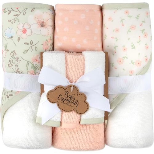 Hooded Baby Bath Towel and Washcloth 6 Piece Set for Newborns, Infants & Toddlers, Boys & Girls Baby Hooded Towels Set Floral Pink