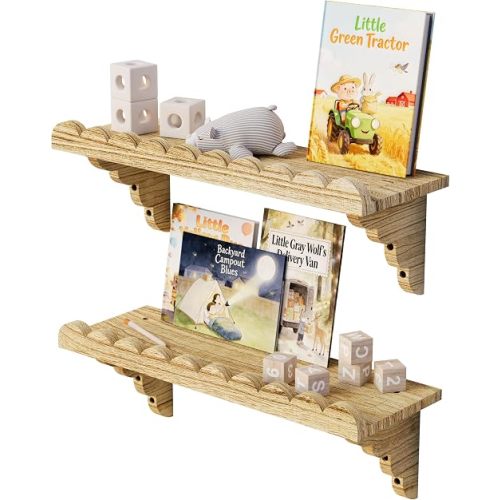 Scalloped Wood Wall Shelf – 17 Inch Floating Shelf with Wood Brackets, Easy to Install Rustic Wall Shelf for Living Room, Bedroom, Bathroom, or Any Space - Light Brown