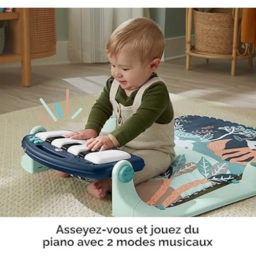 Fisher-Price Tapis de jeu pour bébé Kick & Play Piano Gym avec jouets musicaux et sensoriels pour nouveau-né à tout-petit, fauve bleu marine