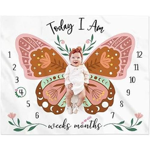 Boho Baby Blanket Butterfly Monthly Milestone Bohemian Floral Girl Photo Prop Sage Green and Pinkk Blanket Ideas for Personalized Baby Stuff Shower Newborn Nursery Gift Spring Decor Mom