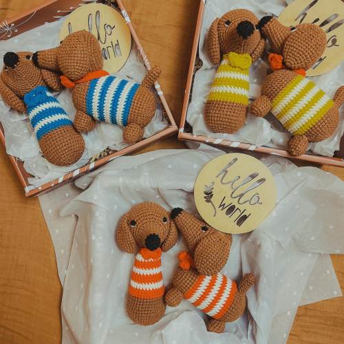 New Born Baby Gift Box,Baby Girl,Baby Boy Gifts,Baby Shower,Baby Hamper,Christmas,Dog dachshund in a Striped Toy Dachshund, Rattle Dachshund
