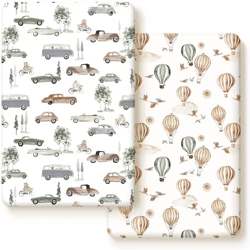 Pack n Play Sheets FItted 2 Pack, Stretchy Ultra Soft Jersey Knit Pack and Play Sheets, Universal Fitted Portable/Mini Crib Mattresses Snug and Safe, Stylish Cars Print for Boys and Girls