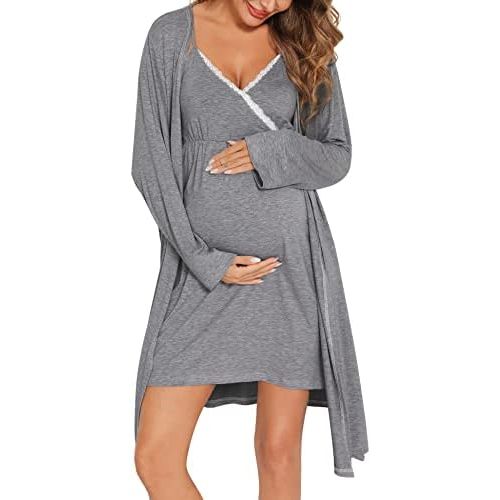 SWOMOG Womens Maternity Robe 2 Piece Nursing Nightgown for Breastfeeding 3 in 1 Labor Delivery Nursing Dress Lace Bathrobe