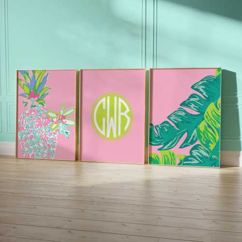 Monogram Nursery Art Prints: Tropical Pineapple, Palm Leaf, Pink & Lime