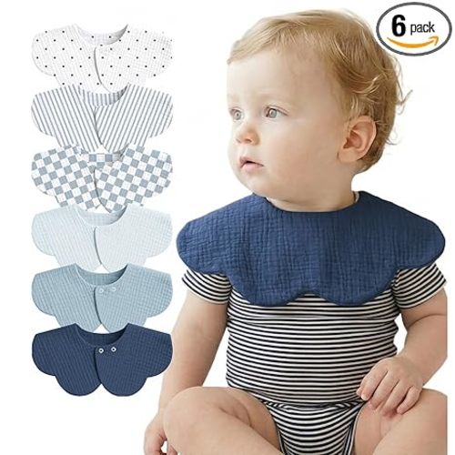 Muslin Baby Bibs, 6 Pack 100% Cotton Absorbent 360 ° Rotate Flower-Shaped Bandana Drool Bibs for Baby Girls & Boys (Blue)