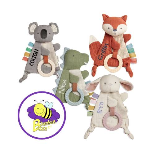 Personalized Animal Teether & Crinkle Baby Lovey Gifts: 4 unique baby name security blankets, custom newborn lovies