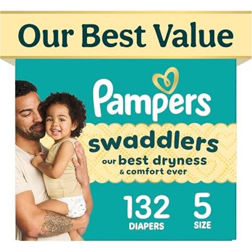 Pampers Swaddlers Diapers, Size 5 (20-37 lbs), 132 Count, Fragrance Free, Hypoallergenic, Absorbent, Pediatrician Recommended, Skin Safe