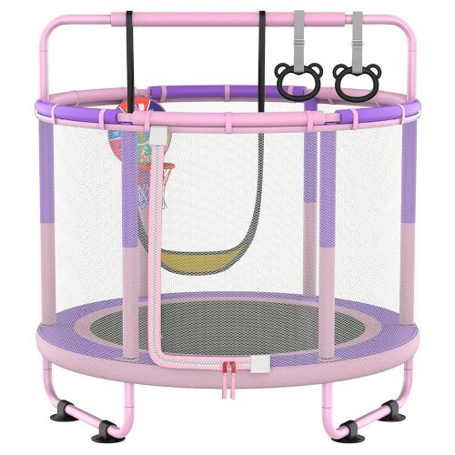 LANGXUN 60" Trampoline for Kids, 5ft Mini Toddler Indoor & Outdoor Trampoline with Net, Basketball Hoop & Dart Board, Birthday Gifts for Boys & Girls, Baby Toddler Christmas Toys